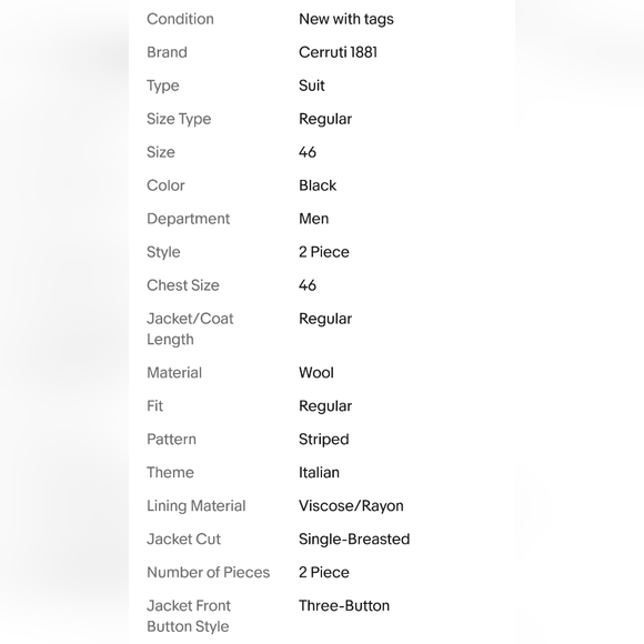 Cerruti 1881 Men’s Black Italian Wool 3 Button Blazer 2pc Suit 48R 32x35 New - Picture 7 of 14